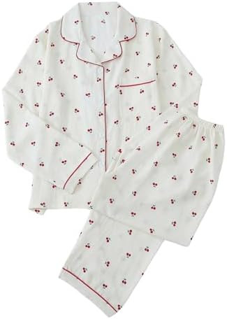 Women's 2 Piece Pj Set Cherry Print Pajama Long Sleeve Button Up Collar Tops and Pants Nightwear ... | Amazon (US)