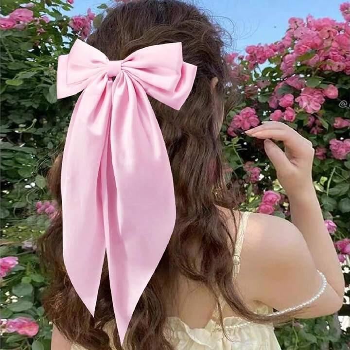 3 Pcs Hair Bows Clips For Women, Black Bow White Bow Pink Bows Bow Hair Clips For Women Ribbons Bow Barrettes Satin Hair Bows Long Tail Clips On Bows Party Hair Accessories,Hair Barrettes Claw Clips, School Stuff | SHEIN
