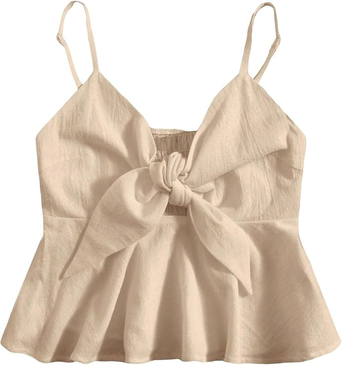 MakeMeChic Women's Smocked Peplum Crop Top V Neck Tie Front Boho Sleeveless Shirred Cami | Amazon (US)