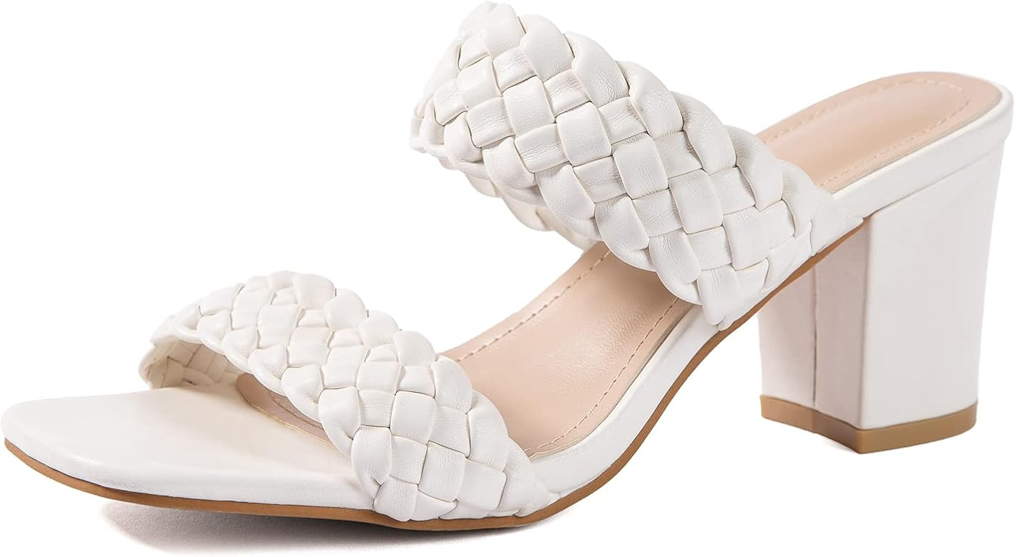 Women Heeled Sandals Woven Block Square-toe Leather Comfortable Strappy Casual Sandals | Amazon (US)