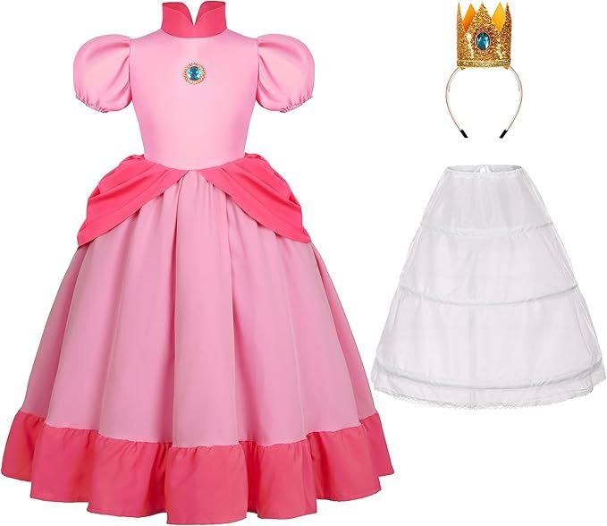 Nuehoryu Super Brothers Peach Costume for Girls Princess Dress with Crown Halloween Party Outfit | Amazon (US)