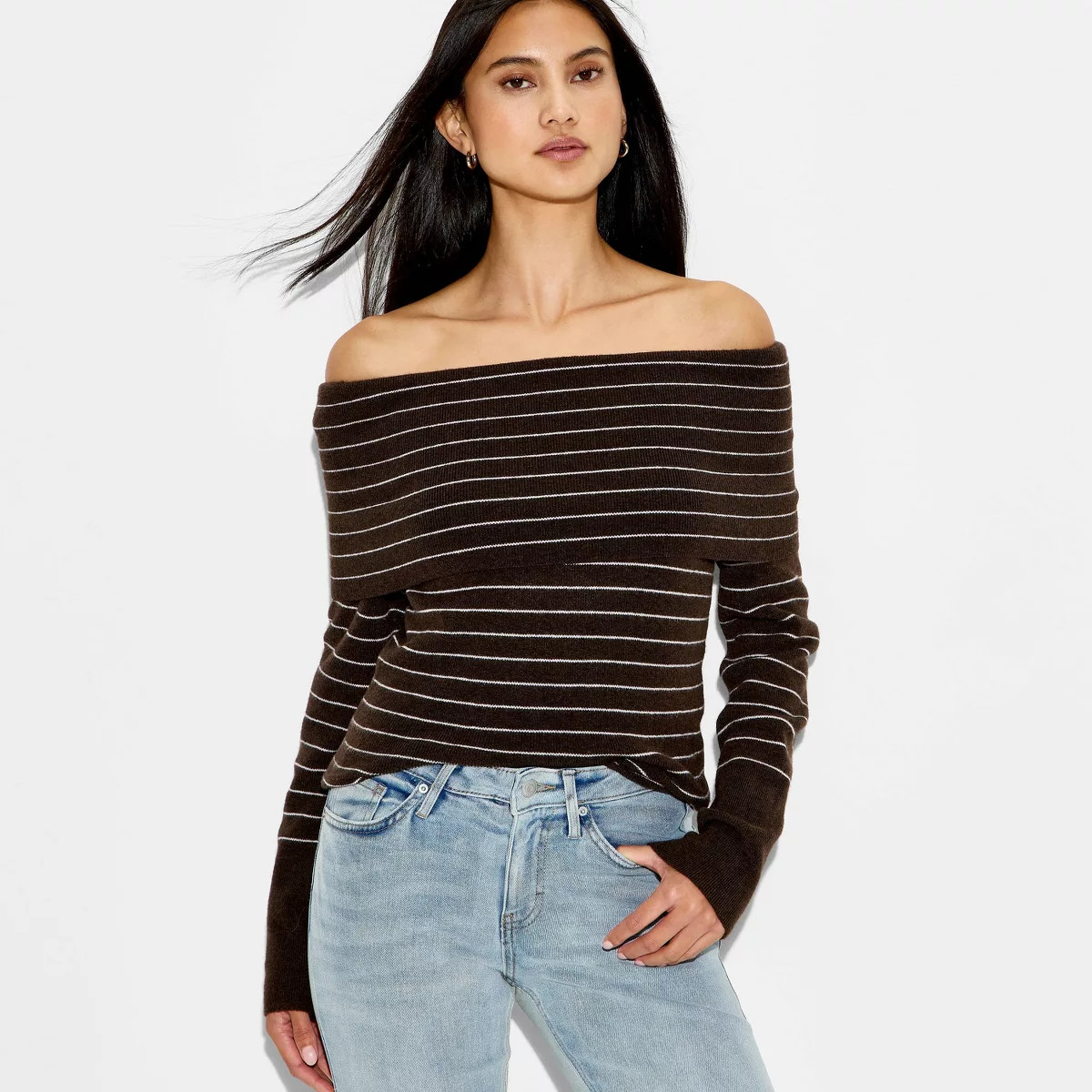 Women's Off the Shoulder Pullover Sweater - Wild Fable™ Brown Striped XXS | Target