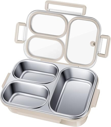 KTKUDY Stainless Steel Bento Box for Kids & Adults - 25 oz - Leakproof 3 Compartment Metal Lunch Container - 18/8 Stainless Steel Lunch Box Kids - Ideal for School, Office & Outdoor (Cream) | Amazon (US)