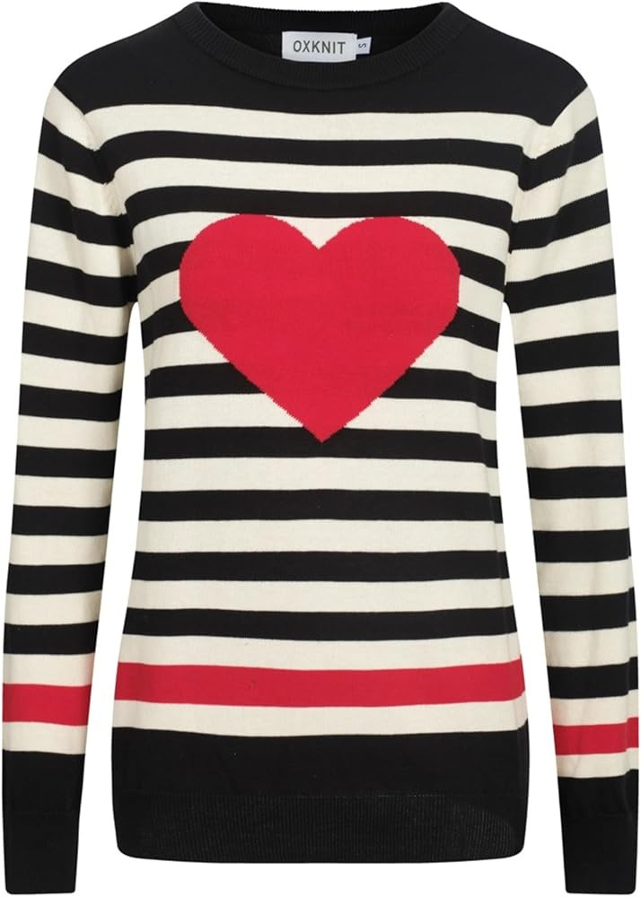 OXKNIT Knit Long Sleeves Sweaters for Women, Retro Stripes and Big Heart Pattern Crewneck Knitted... | Amazon (US)
