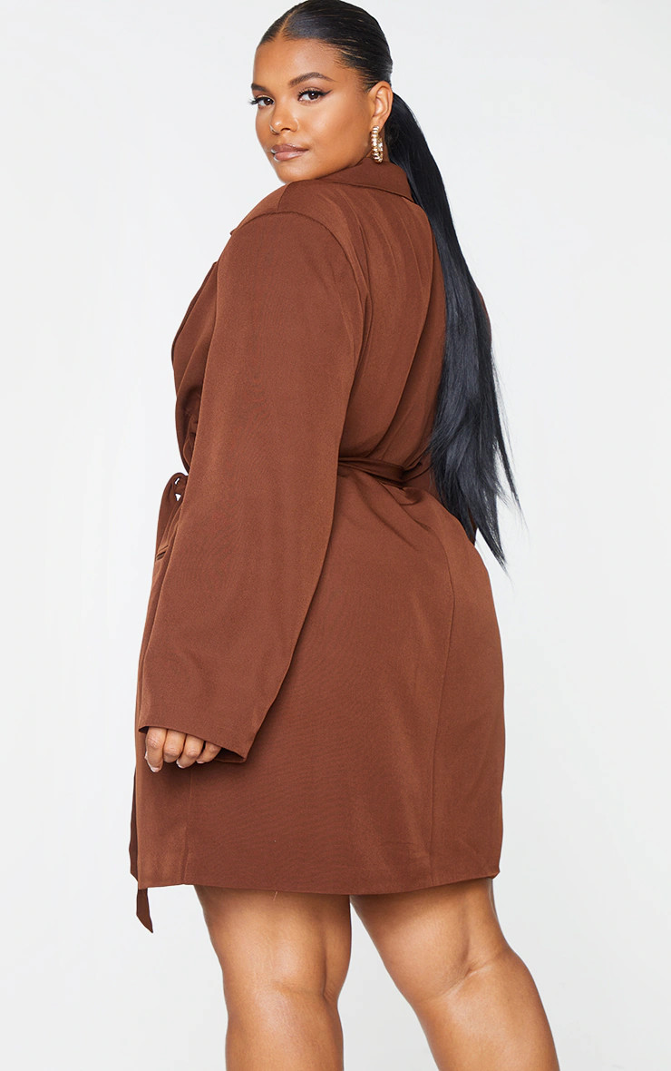 Plus Chocolate Tie Waist Blazer Dress | PrettyLittleThing US