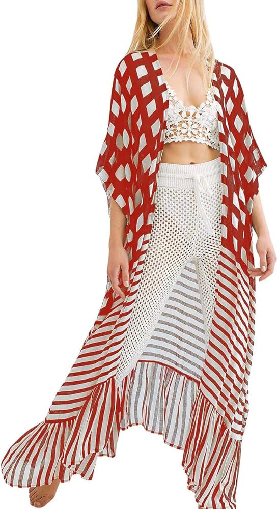 Bsubseach Women Plaid Swimsuit Cover Up Summer Lightweight Kimono Duster Beachwear | Amazon (US)