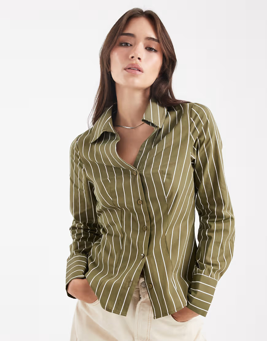 Miss Selfridge poplin fitted shirt in olive stripe-Green | ASOS (Global)