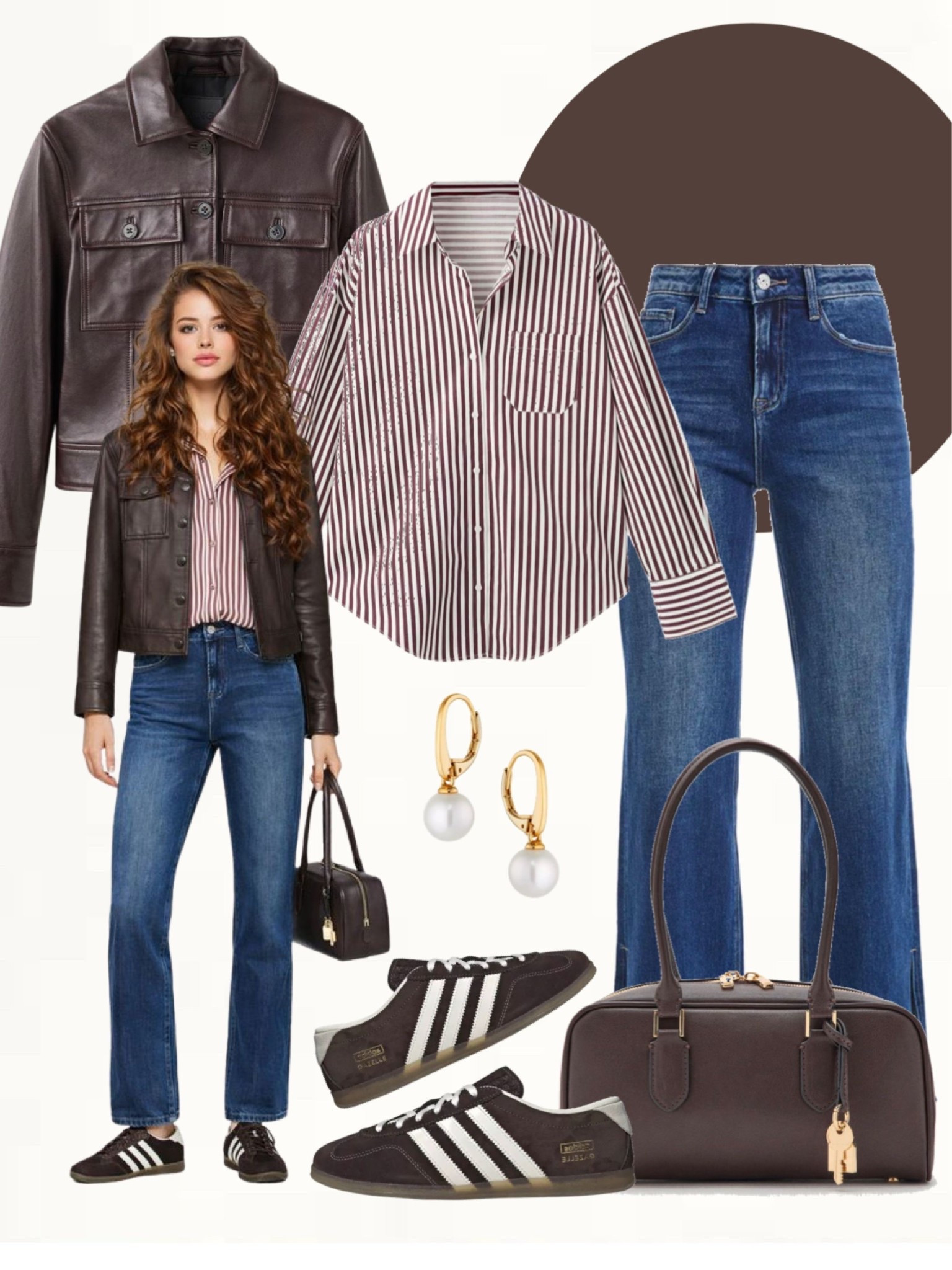 Brown and white striped button-down shirt paired with medium wash straight leg jeans and a brown leather jacket. Styled with brown sneakers, a structured brown handbag, and gold and pearl earrings.
#classicstyle #everydayoutfit #denimlooks

#LTKootd #LTKSeasonal #LTKOver40