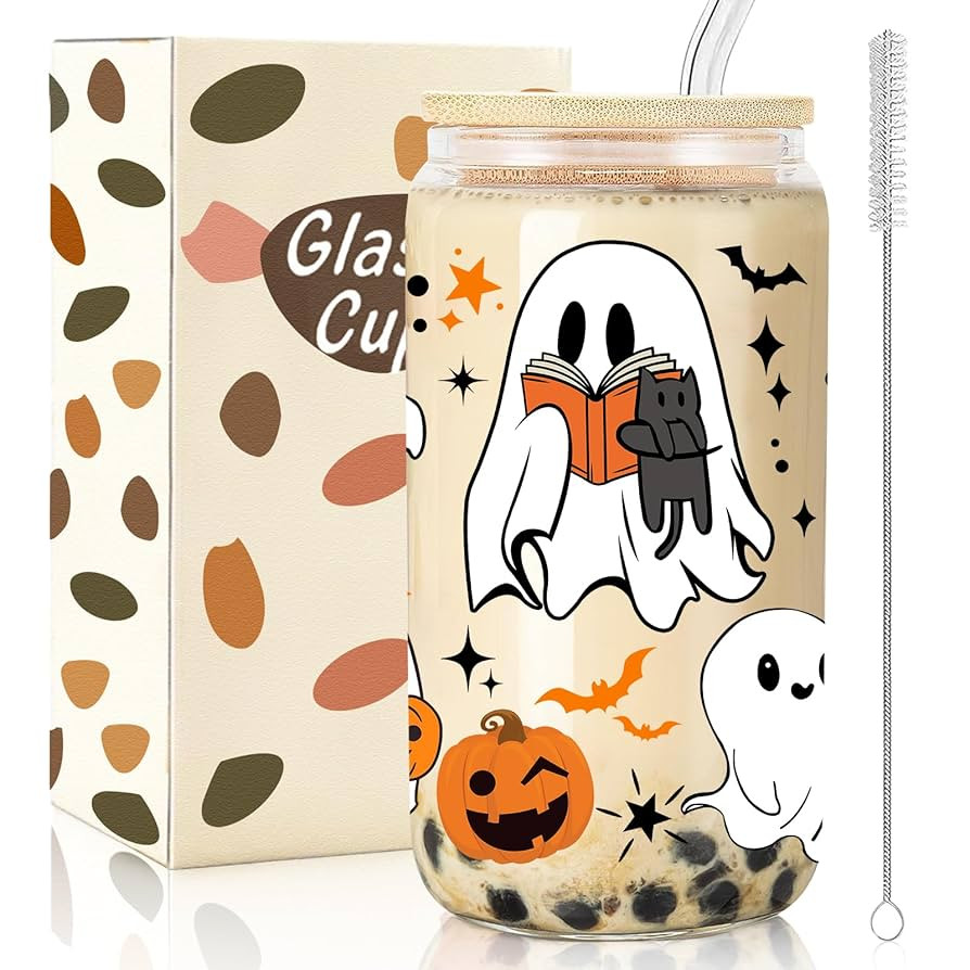 Ghost Cups, 16 oz Cute Halloween Cup, Glass Halloween Tumbler with Lid and Straw, Fall Iced Coffe... | Amazon (US)