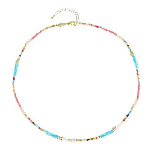 BXDA Boho Colorful Beaded Gemstone Necklace for Women, Cute Adjustable Handmade Natural Stone Blue Glass Beads Gold Choker Necklace Beach Prom Jewelry Gift | Amazon (US)