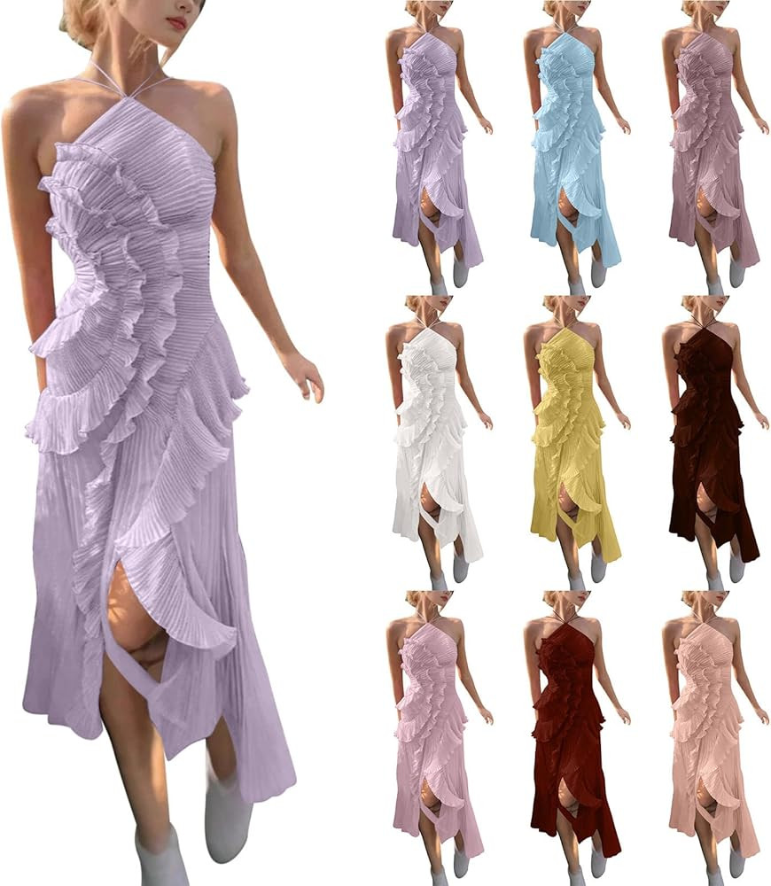Women's Chiffon Dress Ruffle Elegant Halter Backless Maxi Dresses Cocktail | Amazon (US)