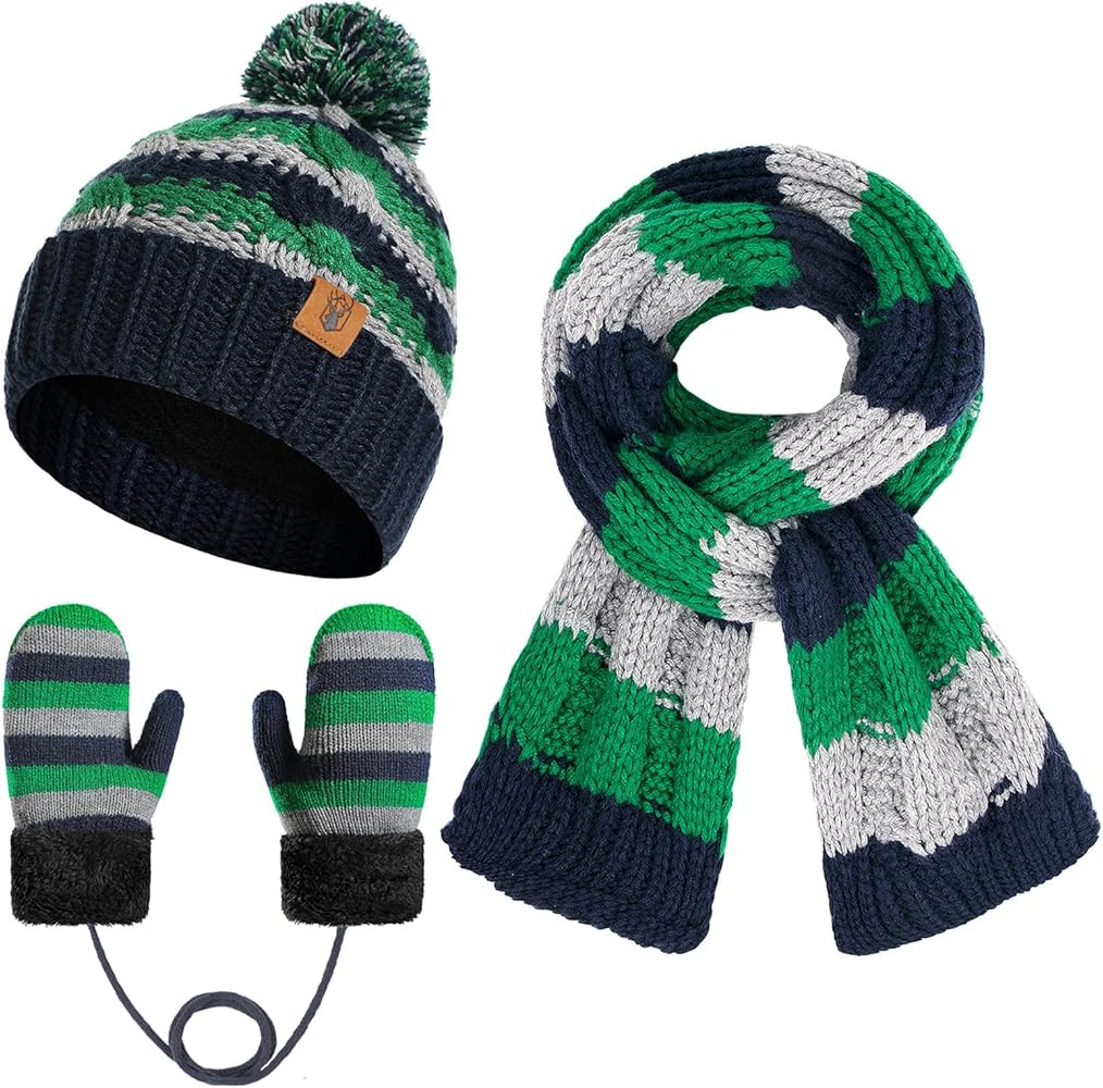 Boys Winter Hat Scarf and Gloves Set for Kids Warm Knitted Hat Mittens and Fleece Neck Warmer Sca... | Amazon (US)
