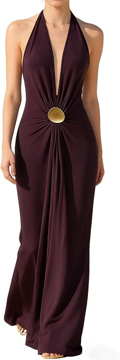 OYOANGLE Women's Halter Maxi Dress Deep V Neck Sexy Wedding Guest Dresses | Amazon (US)