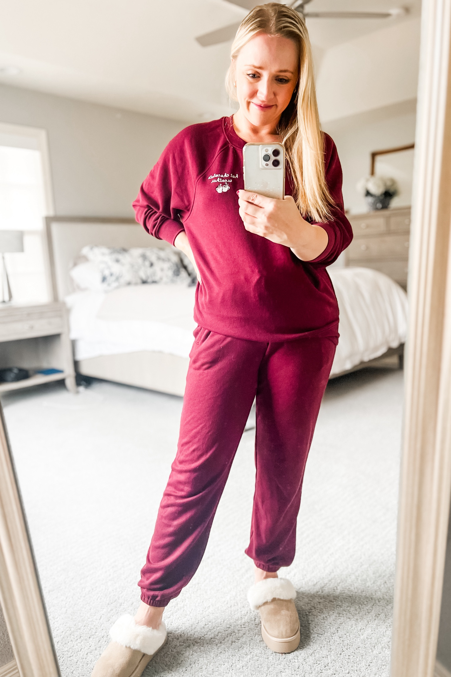 The coziest set for a cozy day in watching a Christmas movie or baking cookies! Sized down to xs and platform slippers fit tts. 
Winter outfit. Matching set. Lounge set. Platform slippers. Cozy outfit. Loft. 

#LTKSaleAlert #LTKHoliday #LTKFindsUnder100