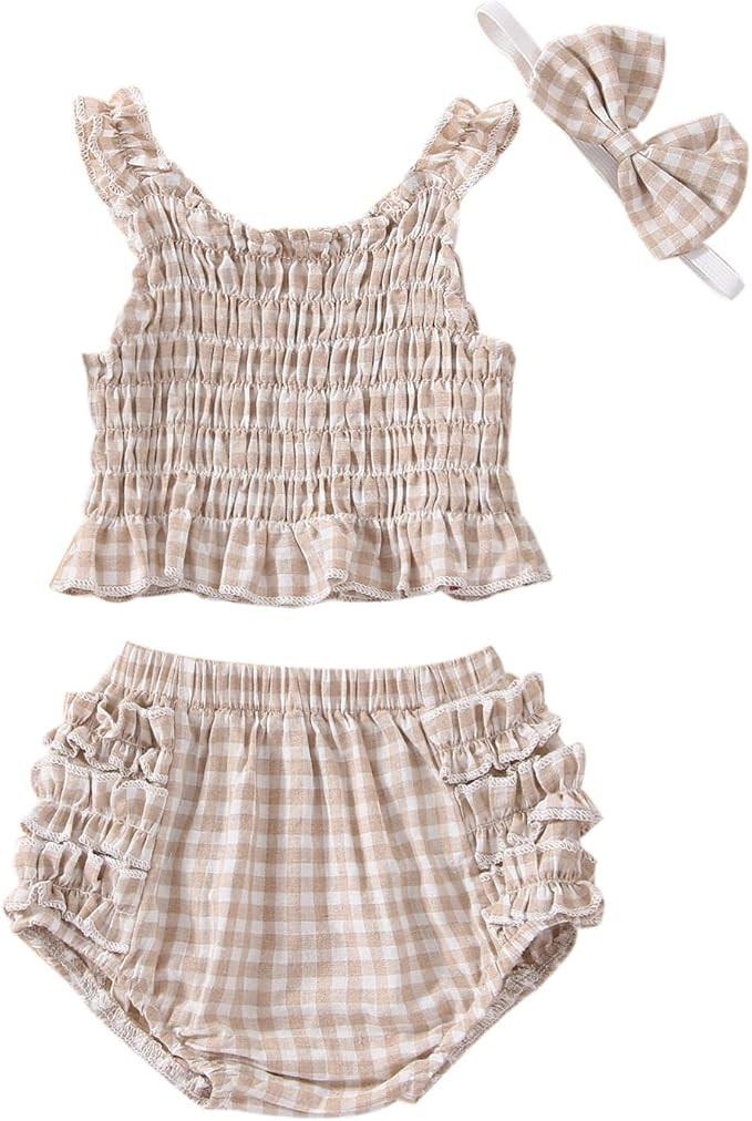Newborn Baby Girl Clothes Ruched Sleeveless Tank Tops Ruffle Bloomer Shorts+ Headband 3Pcs Summer... | Amazon (US)