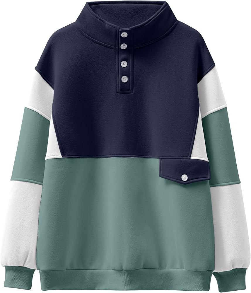 ANRABESS Women Oversized Sweatshirts Long Sleeve Color Block/Solid Button Fleece Pullover Hoodie ... | Amazon (US)