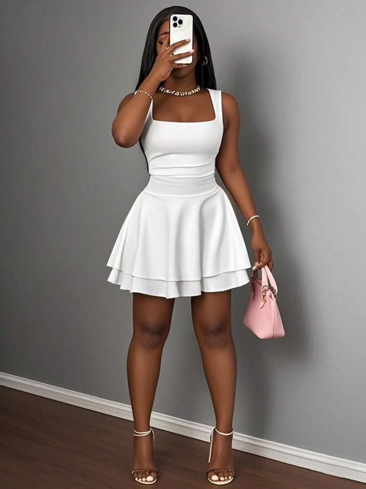 Slaydiva Women's Summer Basic Casual Sweet Square Neck Sleeveless Ruched Flared Short Dress - D,Business Casual Woman | SHEIN