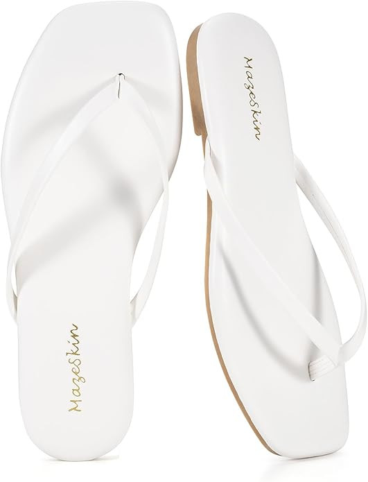 mazeskin Womens Flip Flops Vegan Leather Memory Foam Square Toe Flat Sandals Summer Beach Slides | Amazon (US)
