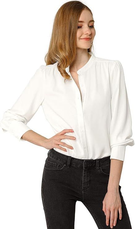 Allegra K Women's Mandarin Collar Office Top Long Sleeve Button Down Shirt | Amazon (US)