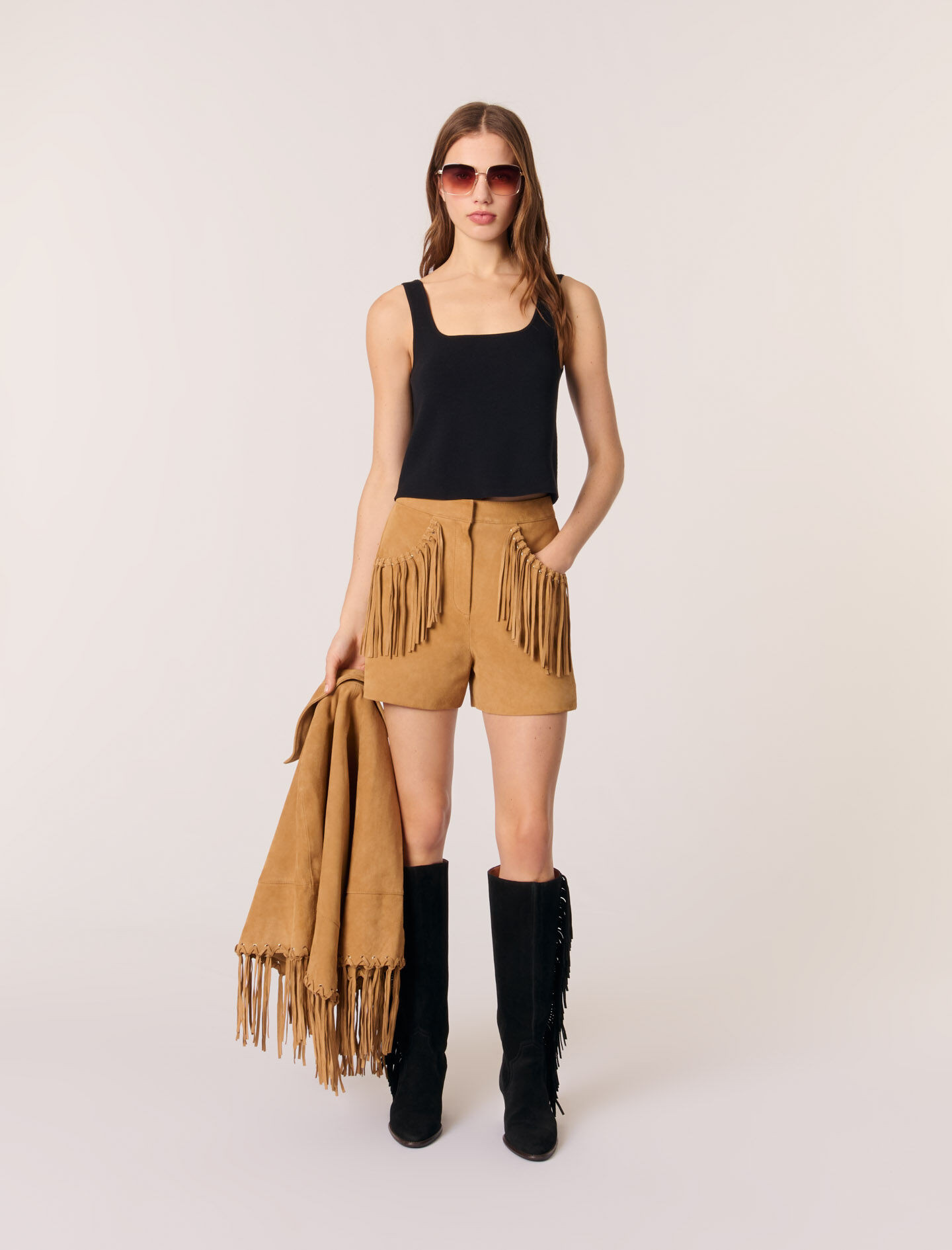 Fringed leather shorts | Maje US