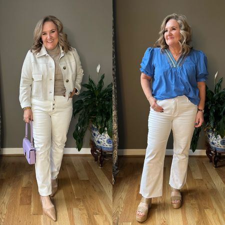 Two different white jean silhouette. Wearing a size 14/32 in both. 
The button front is a slim straight. Definitely more narrow. 
The kick flare is a raw hem and a bit more relaxed look. 

Do your white jeans need to be refreshed? 
15% off at Avara code NANETTE15


#LTKmidsize #LTKfindsunder100 #LTKover40