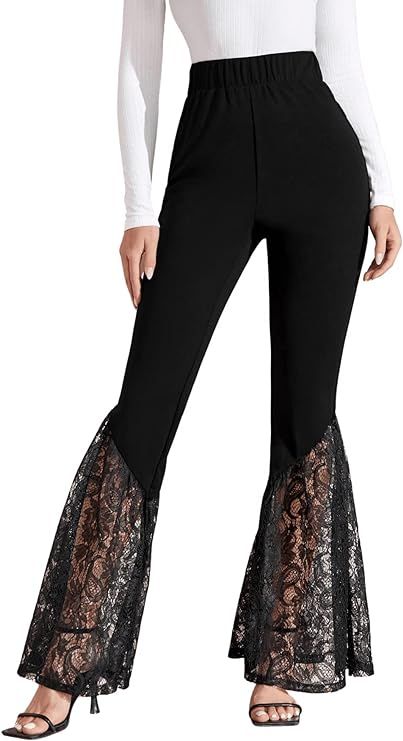 SweatyRocks Women's Elegant High Elastic Waisted Wide Leg Pants Flare Lace Hem Trousers | Amazon (US)