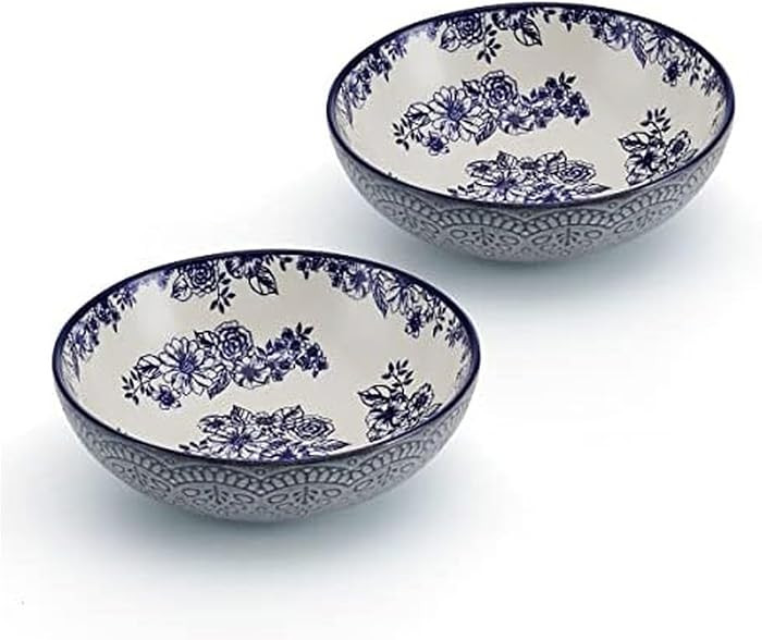 Pfaltzgraff Gabriela Blue Pasta Bowls Set of 2, 8 Inch Stoneware Soup Bowls with Floral Pattern, ... | Amazon (US)