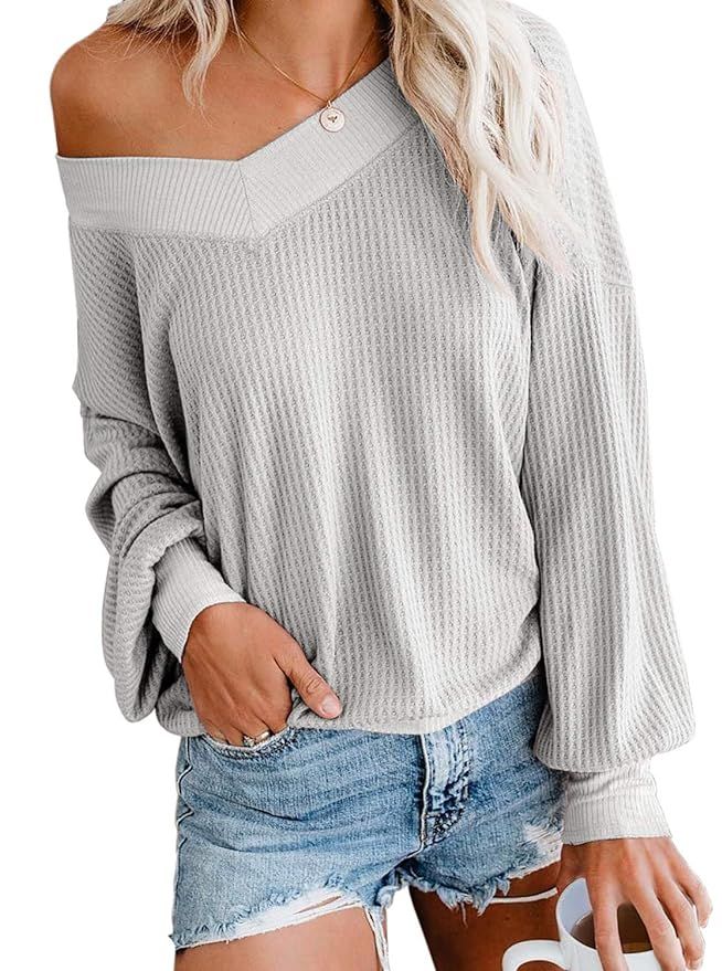Adreamly Women's V Neck Long Sleeve Waffle Knit Top Off Shoulder Pullover Sweater | Amazon (US)