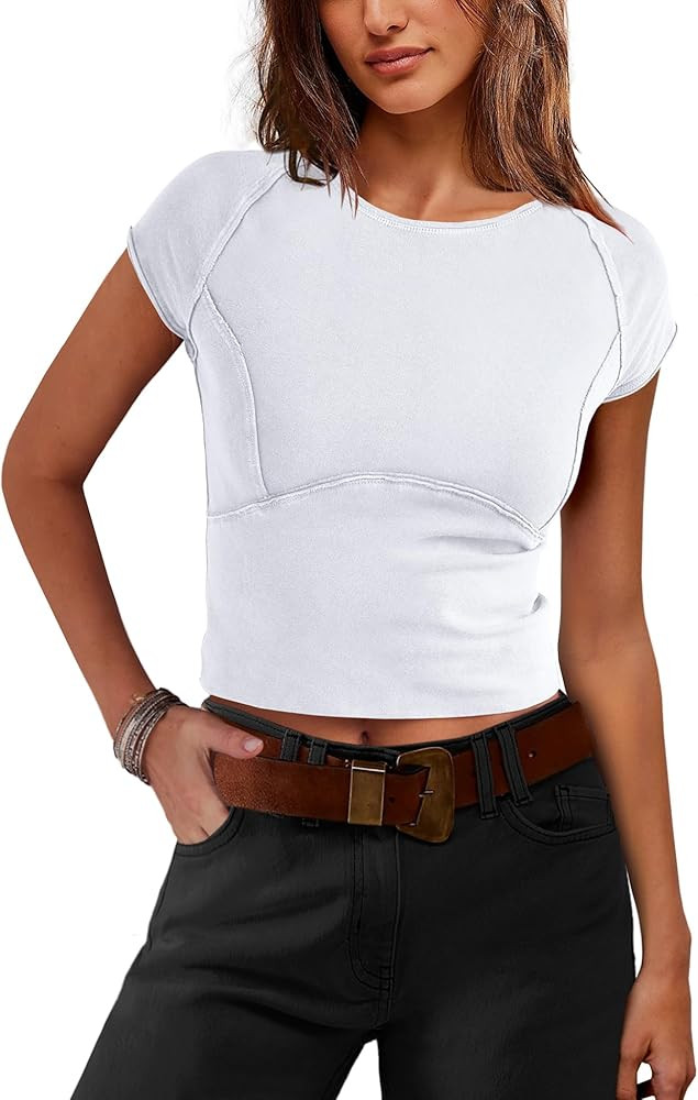 SENSERISE Womens Crop Tops Tight T Shirts Cap Sleeve Basic Tees Slim Fit Baby Tees Y2k Clothes Fa... | Amazon (US)