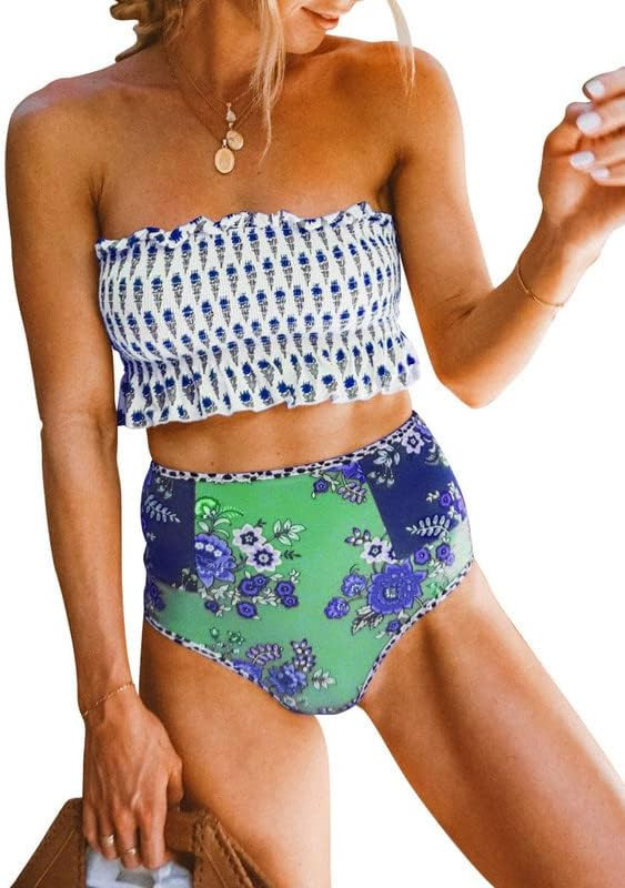 Dokotoo Women Cute High Waist Strapless Smocked Bikini Sets Swimsuit Bathing Suit | Amazon (US)