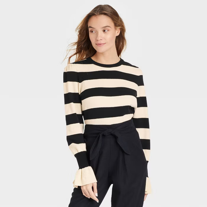 Women's Crewneck Pullover Sweater - Who What Wear™ Black Striped XS | Target