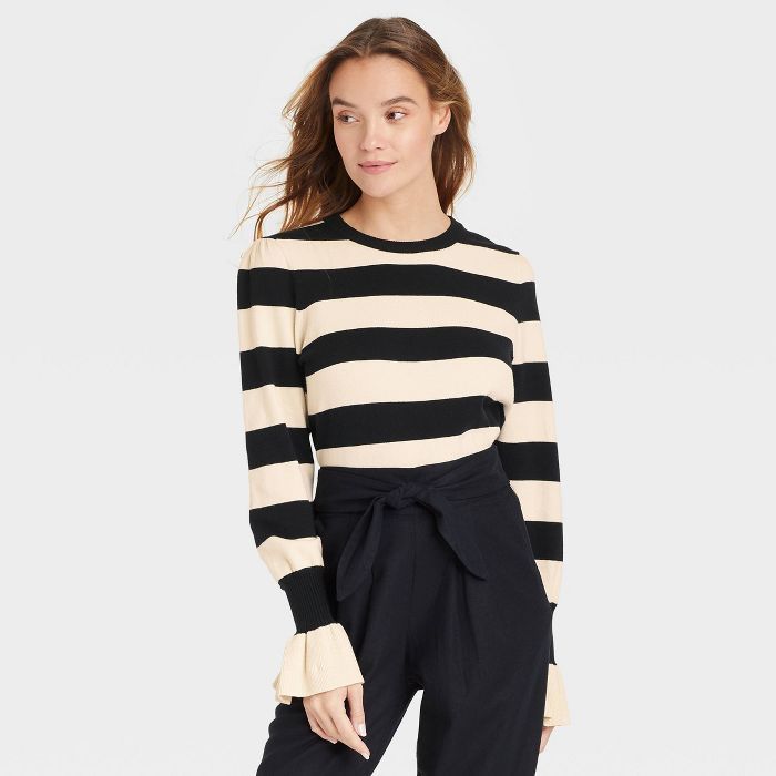 Women&#39;s Crewneck Pullover Sweater - Who What Wear&#8482; Black Striped XS | Target