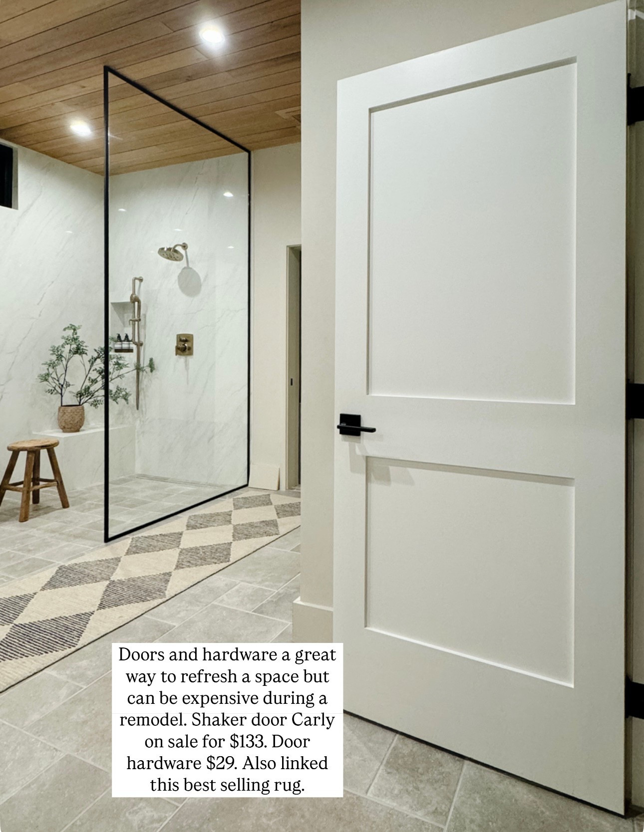 Doors and door hardware can be so expensive in a remodel. I’ve been linked to design to look for less versions. Black shower panel, glass, gray tile, checkered rug runner, brass, Hardware plumbing faucet, Shower stool.

#LTKHome #LTKSaleAlert #LTKFindsUnder100