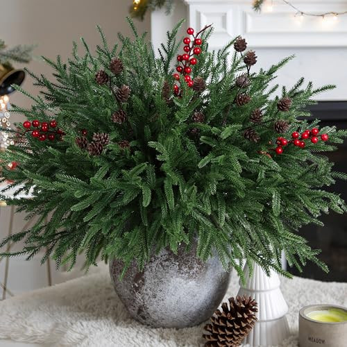 Artificial Christmas Norfolk Pine Stems Branches for Vases,17 Bundles Faux Pine Branches with Pinecones and Red Berries Branches,Fake Greenery Evergreen Real Touch for Holiday Winter Table Xmas Décor | Amazon (US)