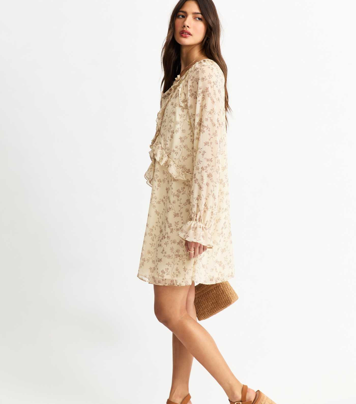 Cream Floral Print Frilly Trim Chiffon Mini Dress | New Look | New Look (UK)