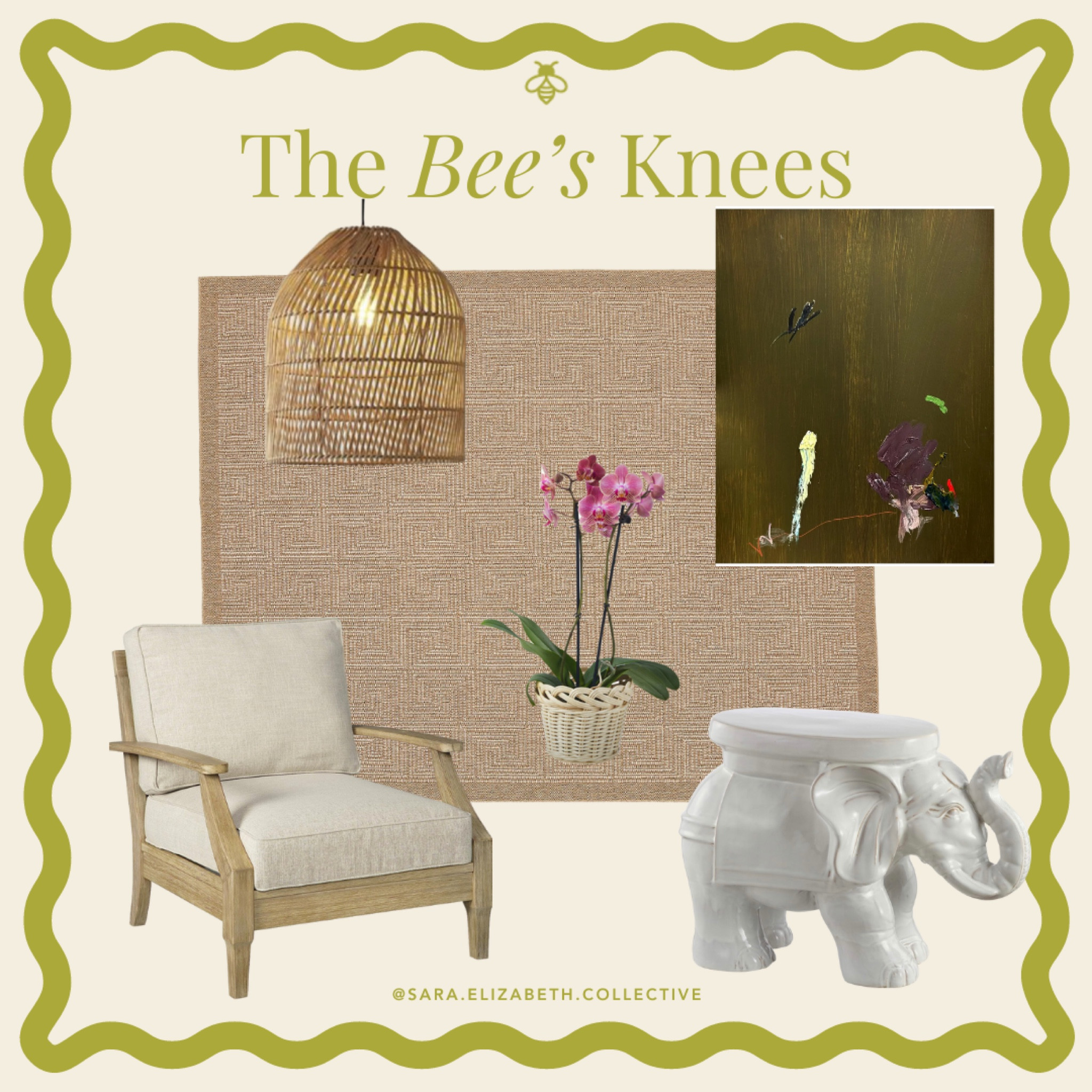 Indoor outdoor Greek key rug 
Affordable abstract art 
Indoor/outdoor chair 
Plant stand 
Orchid pots 
Rattan pendant light 

#LTKHome