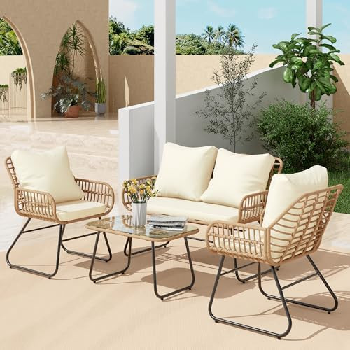 Amazon.com: LEX CRAFT 4-Piece Wicker Outdoor Patio Furniture Set with Cushions & Tempered Glass T... | Amazon (US)