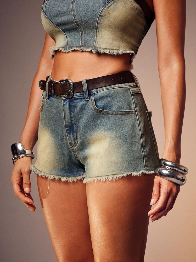 Denimoi Belted Washed Denim Shorts Vintage Wash Summer Outfits Sexy Shorts Nashville Outfits Western Outfits Country Cowgirl Vacation Shorts, Festival | SHEIN