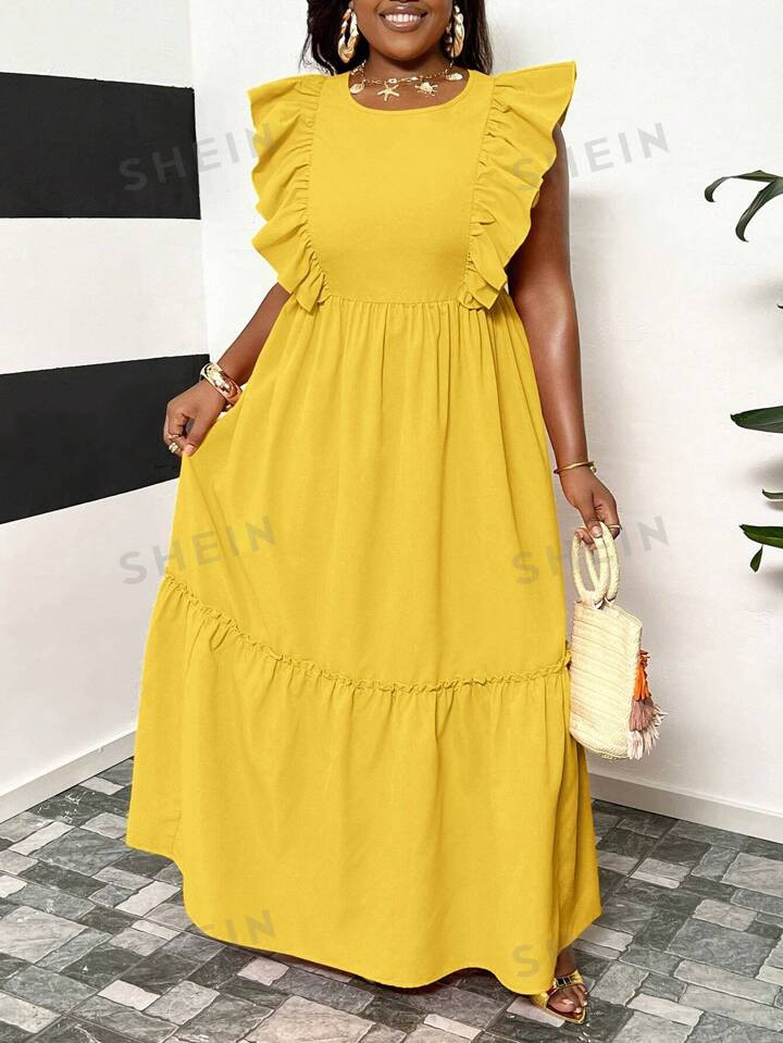 SHEIN Slayr Plus Size Women Summer Round Neck Orange Maxi Flowy Casual Vacation Party Dress - M | SHEIN