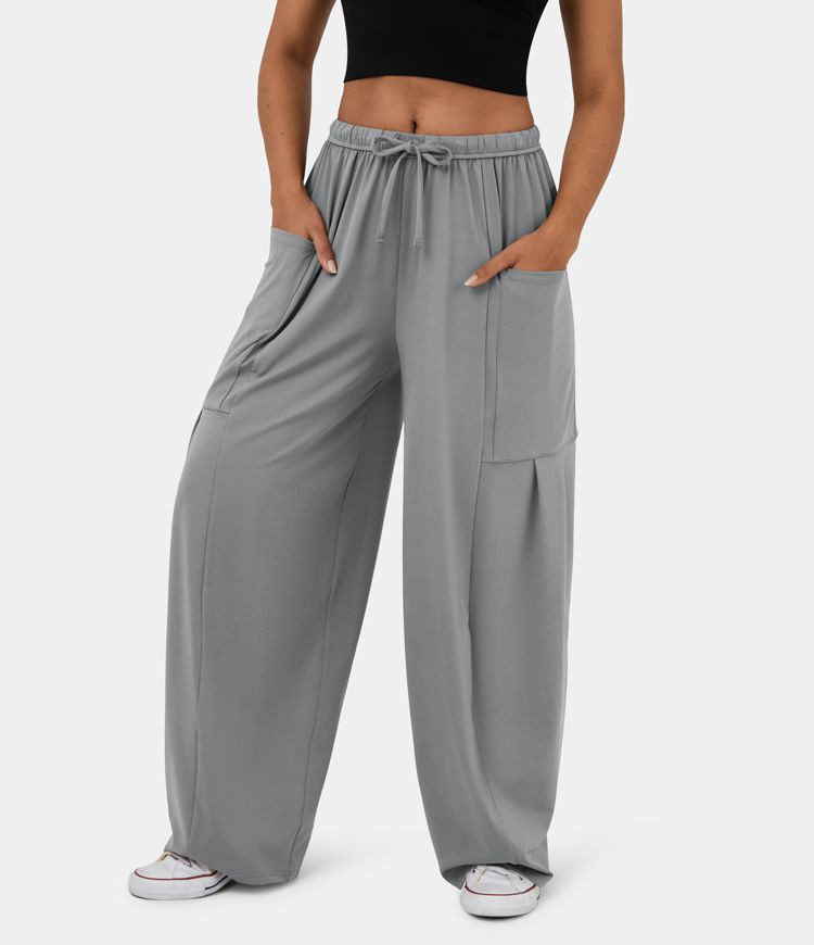 Mid Rise Elastic Waistband Drawstring Side Pocket Palazzo Flowy Wide Leg Casual Pants | HALARA