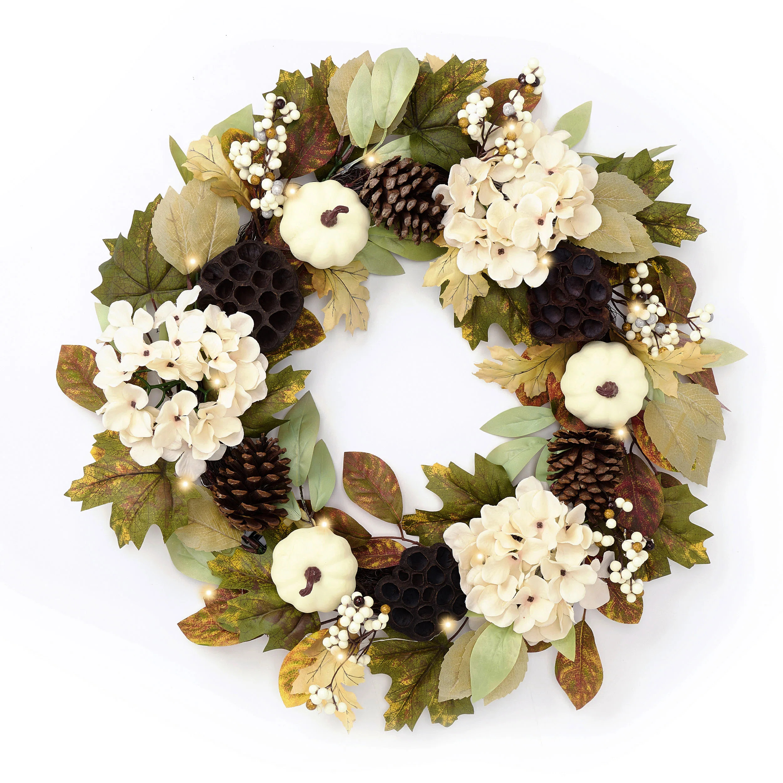 Harvest Day 24 Inch Autumn Harvest Lotus,Pinecone and Pumpkin Artificial Wreath with Warm White L... | Birch Lane