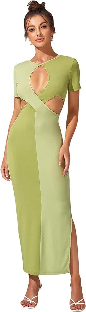 WDIRARA Women's Sexy Cut Out Keyhole Front Dress Split Side Hem Colorblock Short Sleeve Bodycon Casu | Amazon (US)