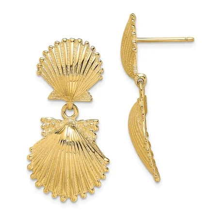 Solid 14k Yellow Gold Double Scallop Shell Dangle Earrings - 29mm x 14mm | Walmart (US)