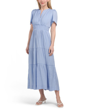 Short Sleeve Split Neck Somerset Dress With Smocked Waistband For Women | TJ Maxx