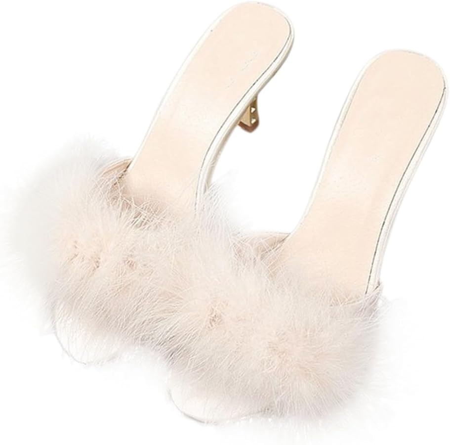 Sommer Hausschuhe Damen Offen mit Hohem Absatz Weiß Beige Flauschige Bequeme Sommerschuhe | Amazon (DE)