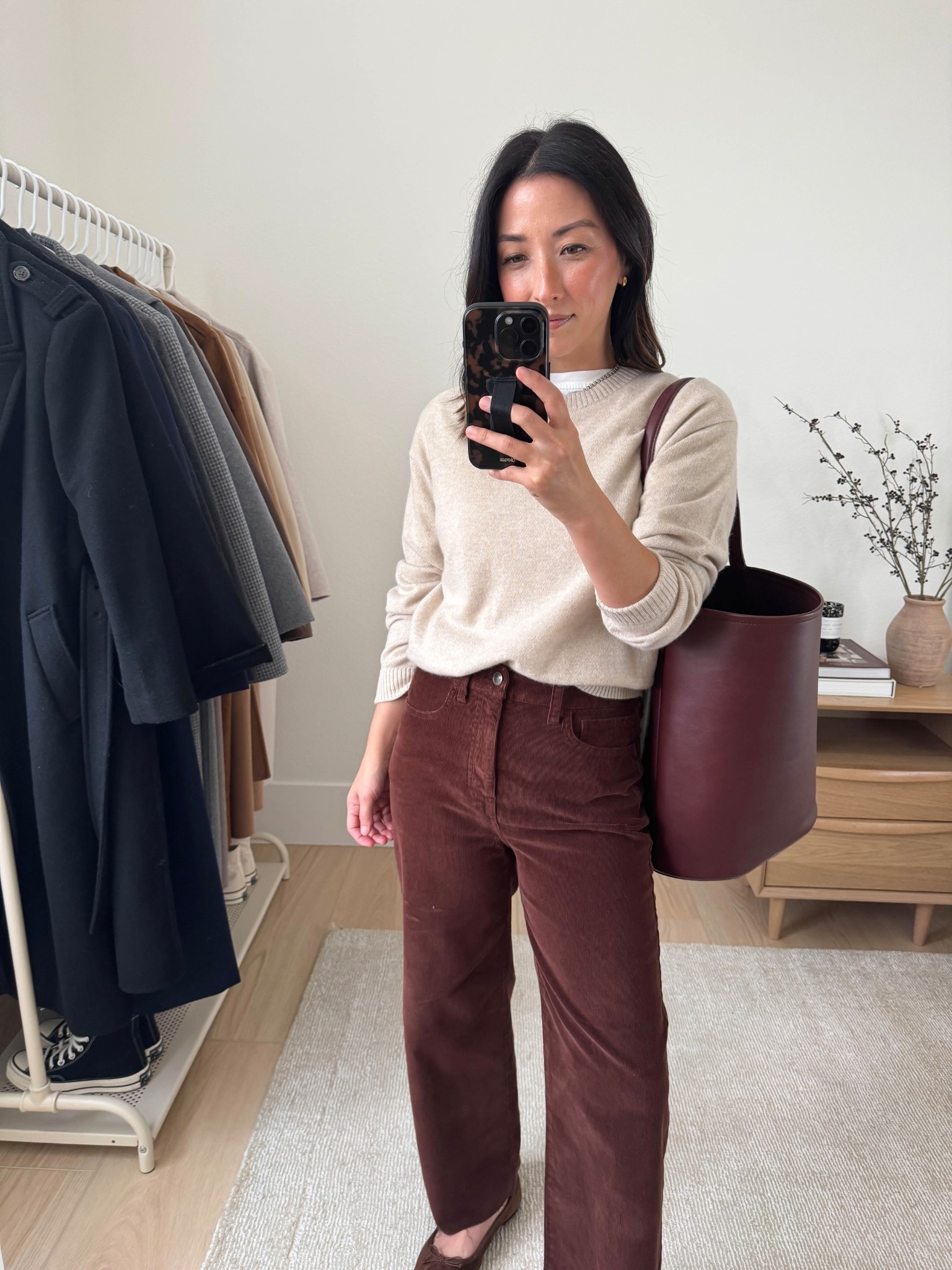 Thanksgiving 2025 outfit idea. J.Crew Perfect Cashmere Sweater. They updated it this year. Shorter and roomier in the shoulders. Wearing an xs, but could wear the small. 

J.Crew cashmere sweater xs
J.Crew cords regular 25, but cut hems. They do come in petite sizes
J.Crew flats 5 run tts
J.Crew large bucket bag

Petite style, fall outfits, fall style, Thanksgiving outfit, holiday style 

#LTKPetite #LTKSeasonal #LTKHoliday