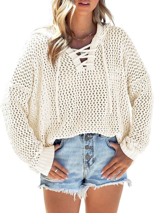 EVALESS Womens Hollow Out Long Sleeve Crochet Cover Up Sweater Top Hoodie Cutout Knit Pullover To... | Amazon (US)