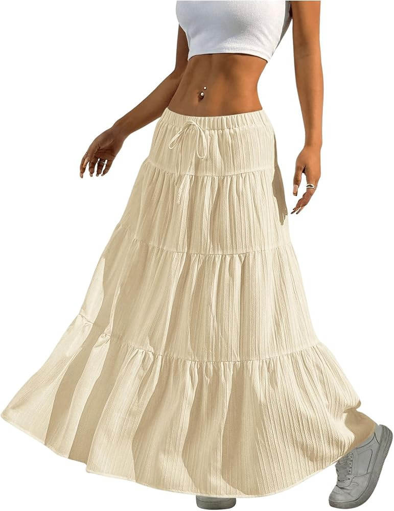 Women's Flowy Flared Ruffle Hem A Line Maxi Skirts Elastic Waist Elegant Tiered Layer Boho Long S... | Amazon (US)