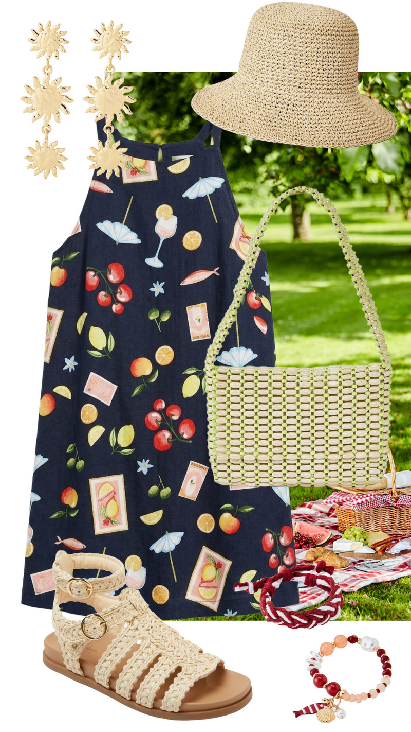 This fruit-print linen dress is perfect for a sunny summer day! The beaded bag and sun earrings add such a whimsical, elevated touch to this summer-ready look. 🍎☀️✨ 

 #LTKgrwm #LTKootd #LTKSeasonal