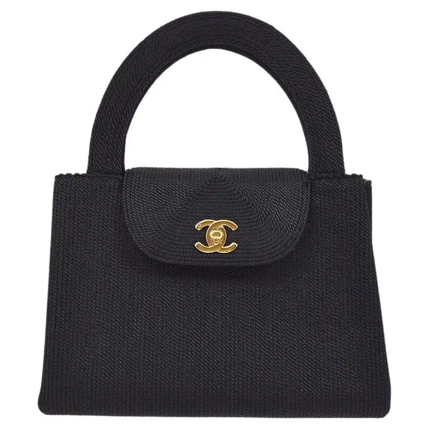 CHANEL Black Woven Rope Small Mini Kelly Top Handle Satchel Evening Flap Bag | 1stDibs